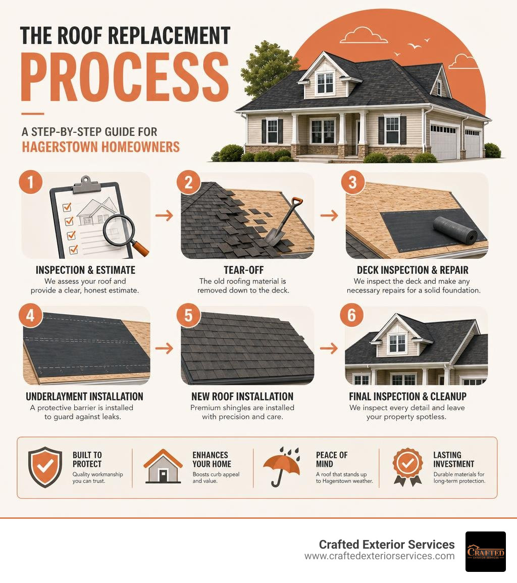 Step-by-step roof replacement process infographic for Hagerstown MD homeowners infographic
