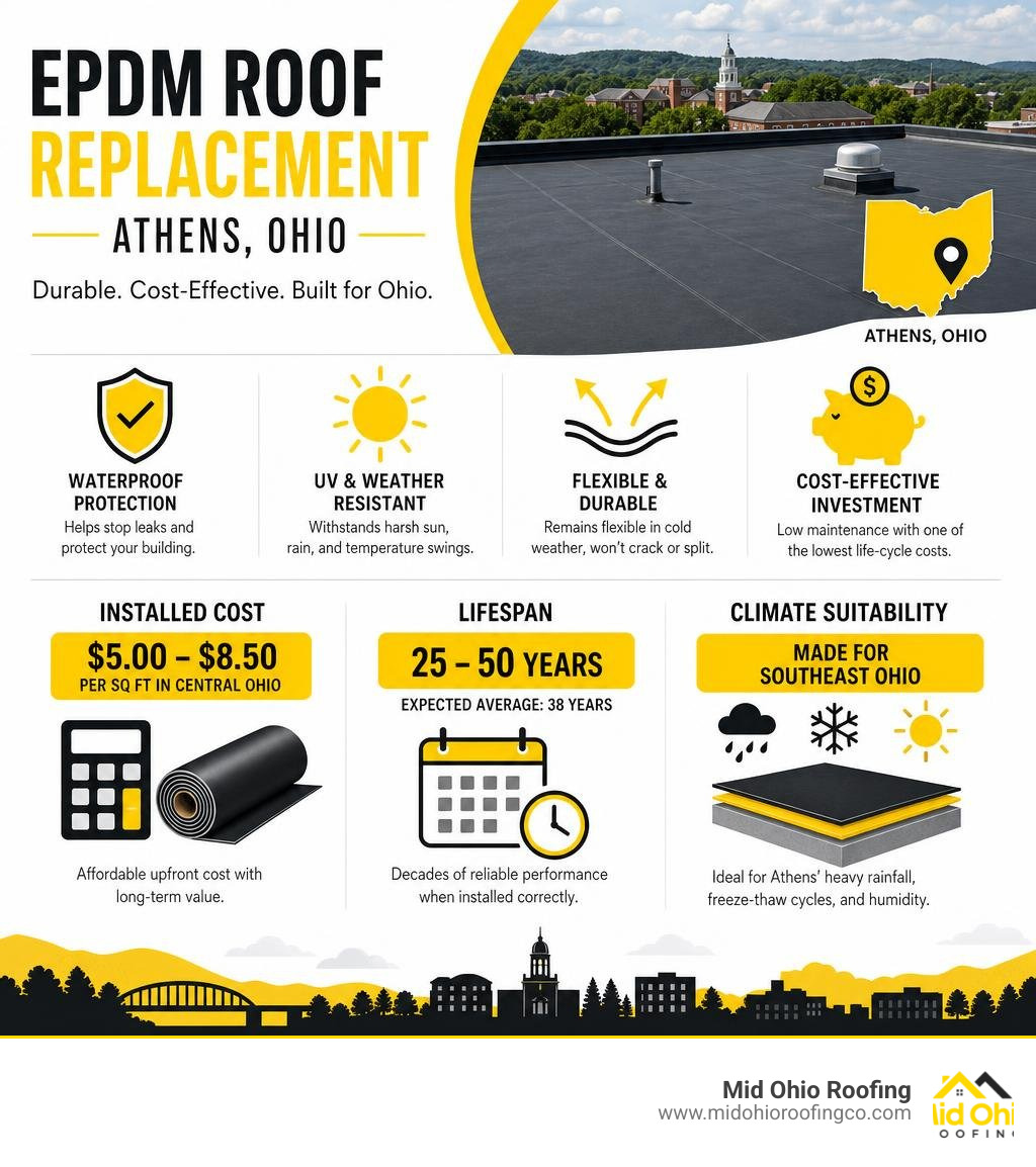 Infographic showing EPDM roof replacement benefits, costs, lifespan, and climate suitability for Athens Ohio infographic Infographic showing EPDM roof replacement benefits, costs, lifespan, and climate suitability for Athens Ohio infographic