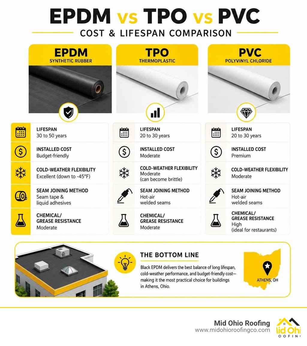 Diagram illustrating EPDM vs TPO vs PVC cost and lifespan comparison infographic Diagram illustrating EPDM vs TPO vs PVC cost and lifespan comparison infographic