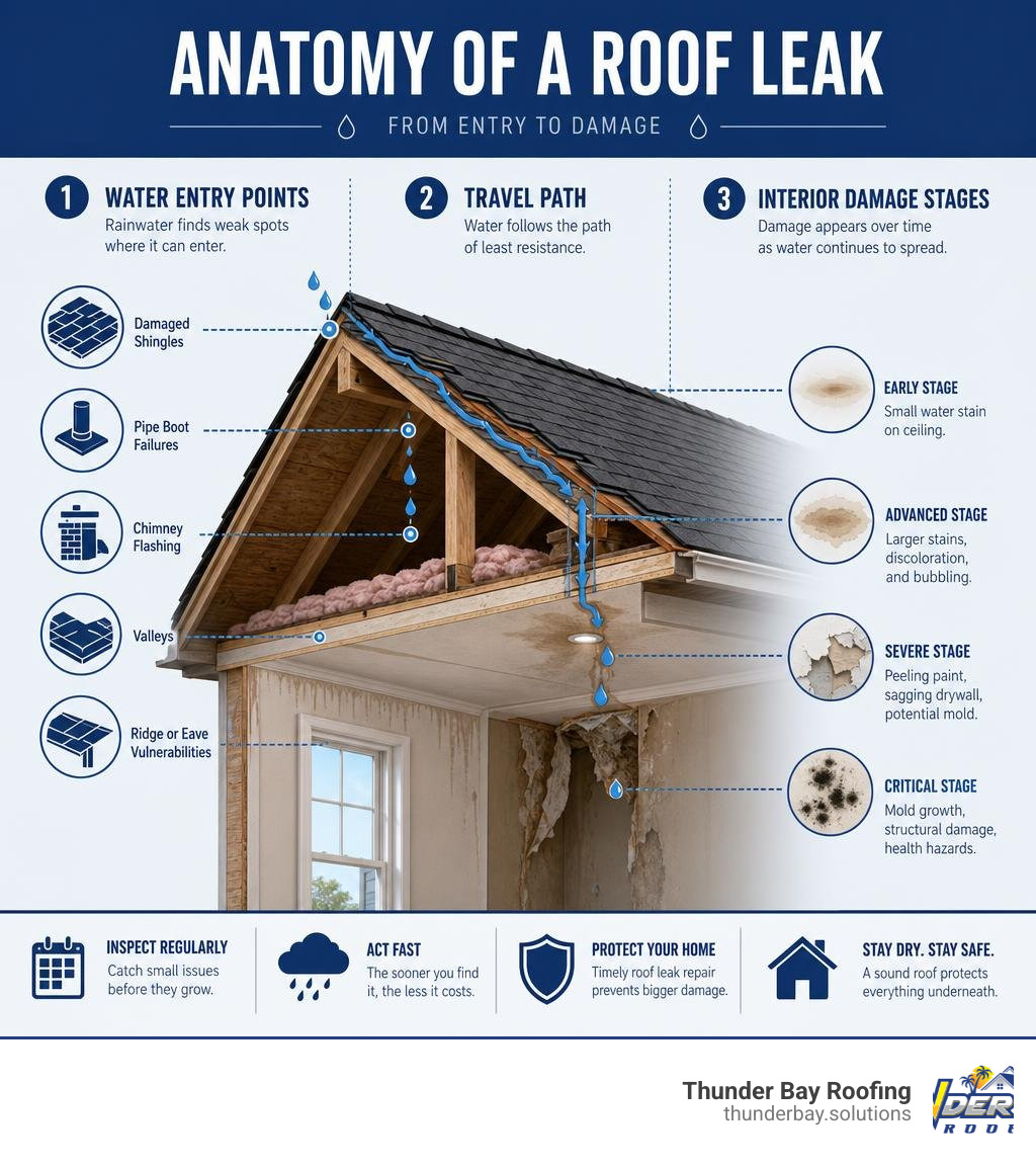 Anatomy of a roof leak infographic: water entry points, travel path along rafters, and interior damage stages infographic Anatomy of a roof leak infographic: water entry points, travel path along rafters, and interior damage stages infographic