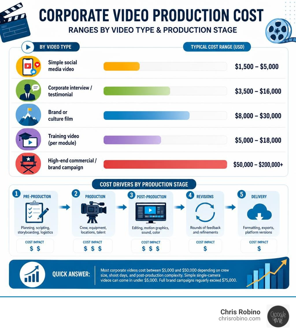Corporate video production cost ranges by video type and production stage infographic infographic