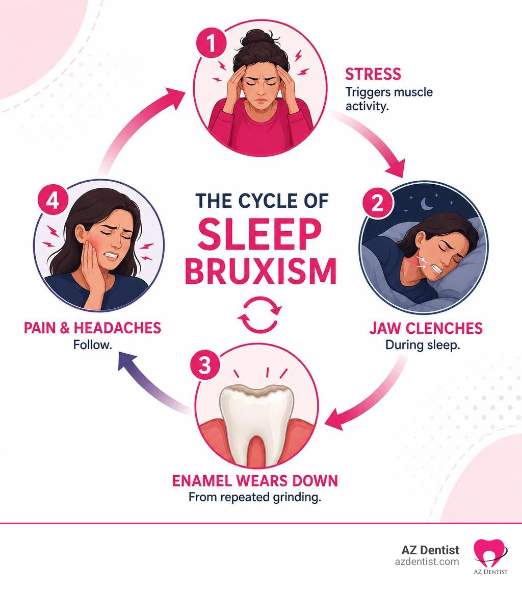 Infographic showing the cycle of sleep bruxism: stress triggers muscle activity, jaw clenches during sleep, enamel wears