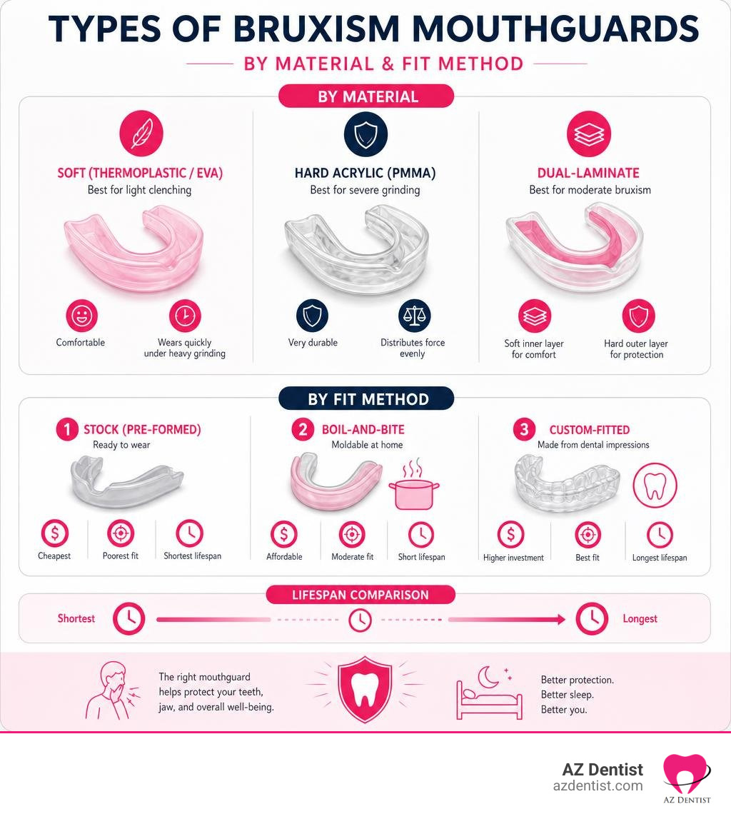 Infographic showing types of bruxism mouthguards by material and fit method with lifespan comparison infographic