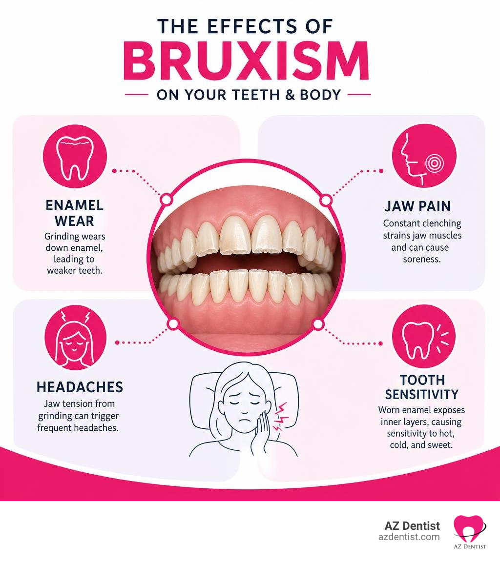 Infographic showing bruxism effects on teeth including enamel wear, jaw pain, headaches, and tooth sensitivity infographic