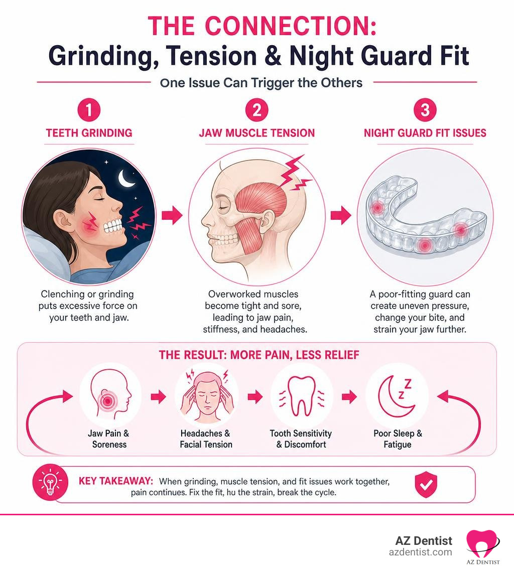 infographic showing connection between teeth grinding, jaw muscle tension, and night guard fit issues infographic