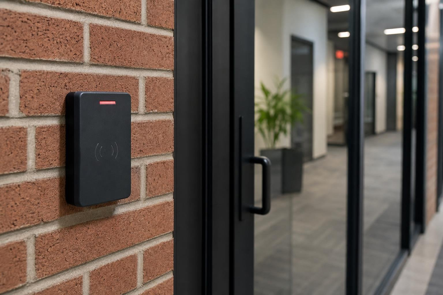 Key fob reader installation on a modern office brick wall Key fob reader installation on a modern office brick wall