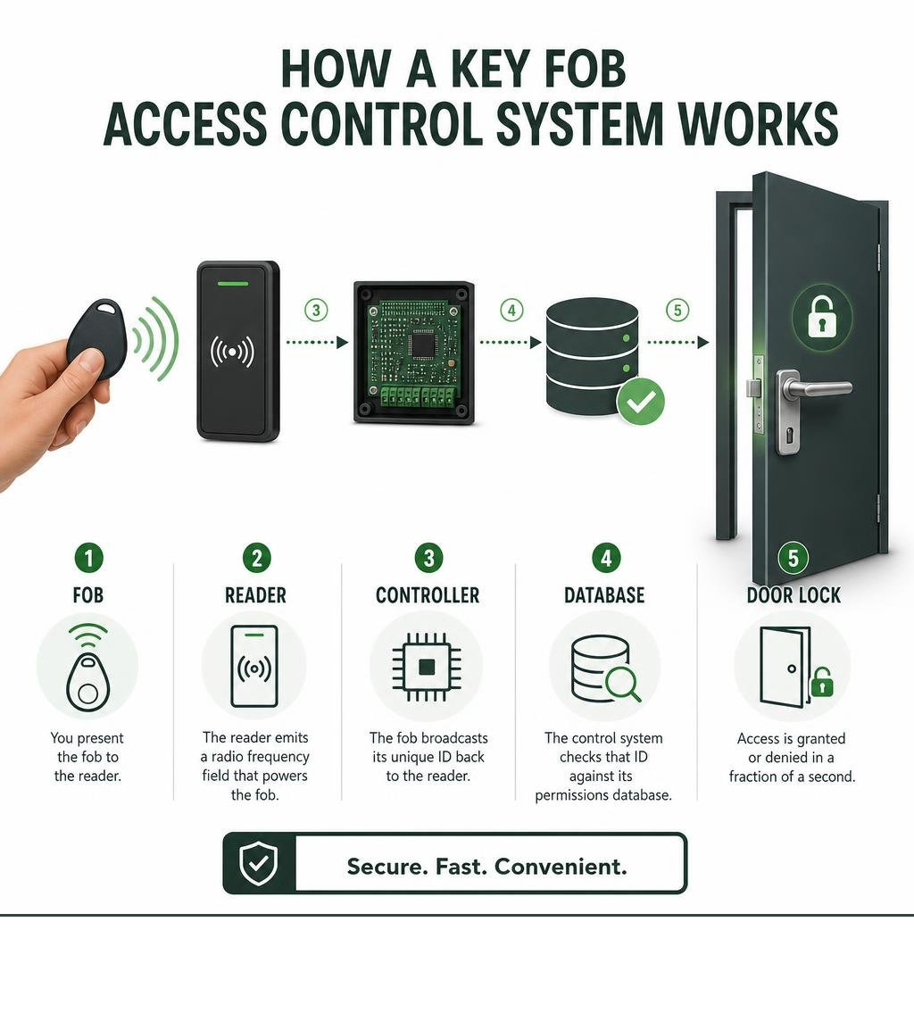 How a key fob access control system works: fob, reader, controller, database, and door lock infographic How a key fob access control system works: fob, reader, controller, database, and door lock infographic