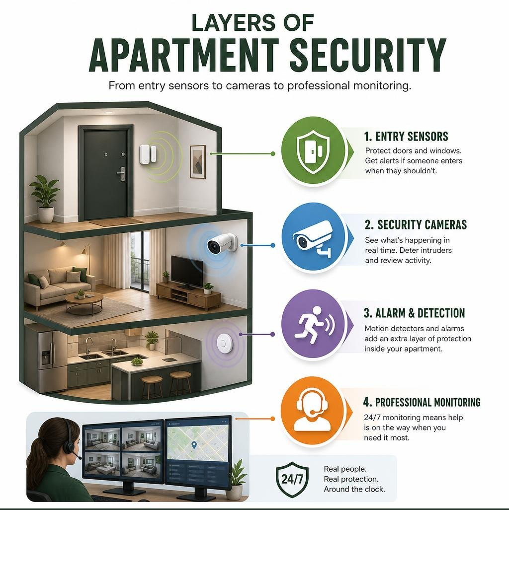 Infographic showing layers of apartment security from entry sensors to cameras to professional monitoring infographic Infographic showing layers of apartment security from entry sensors to cameras to professional monitoring infographic