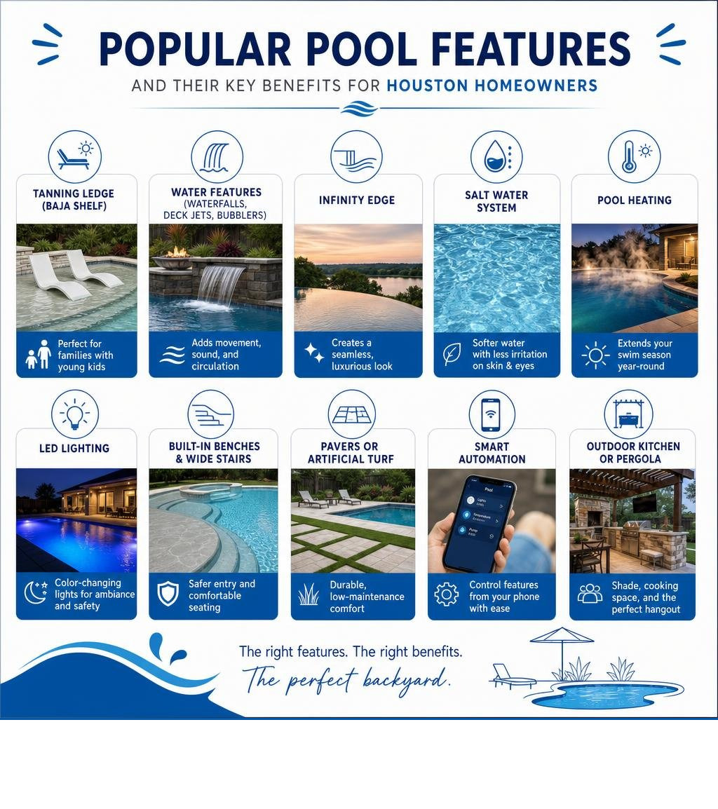 Infographic showing popular pool features and their key benefits for Houston homeowners infographic Infographic showing popular pool features and their key benefits for Houston homeowners infographic