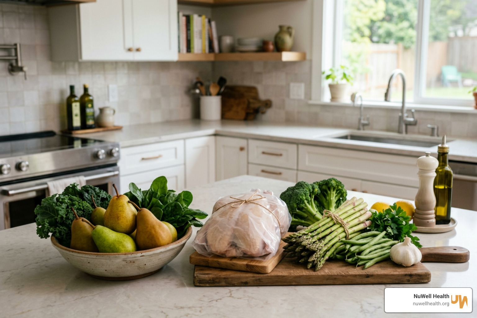 Fresh whole foods like pears, chicken, and green vegetables on a kitchen counter Fresh whole foods like pears, chicken, and green vegetables on a kitchen counter