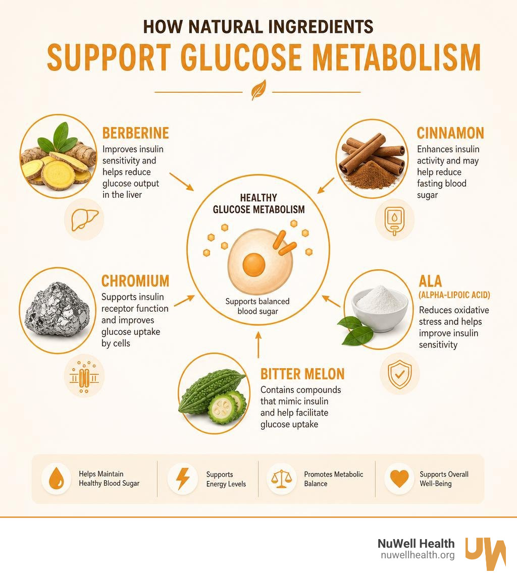 How natural ingredients support glucose metabolism — berberine, cinnamon, chromium, ALA, bitter melon infographic