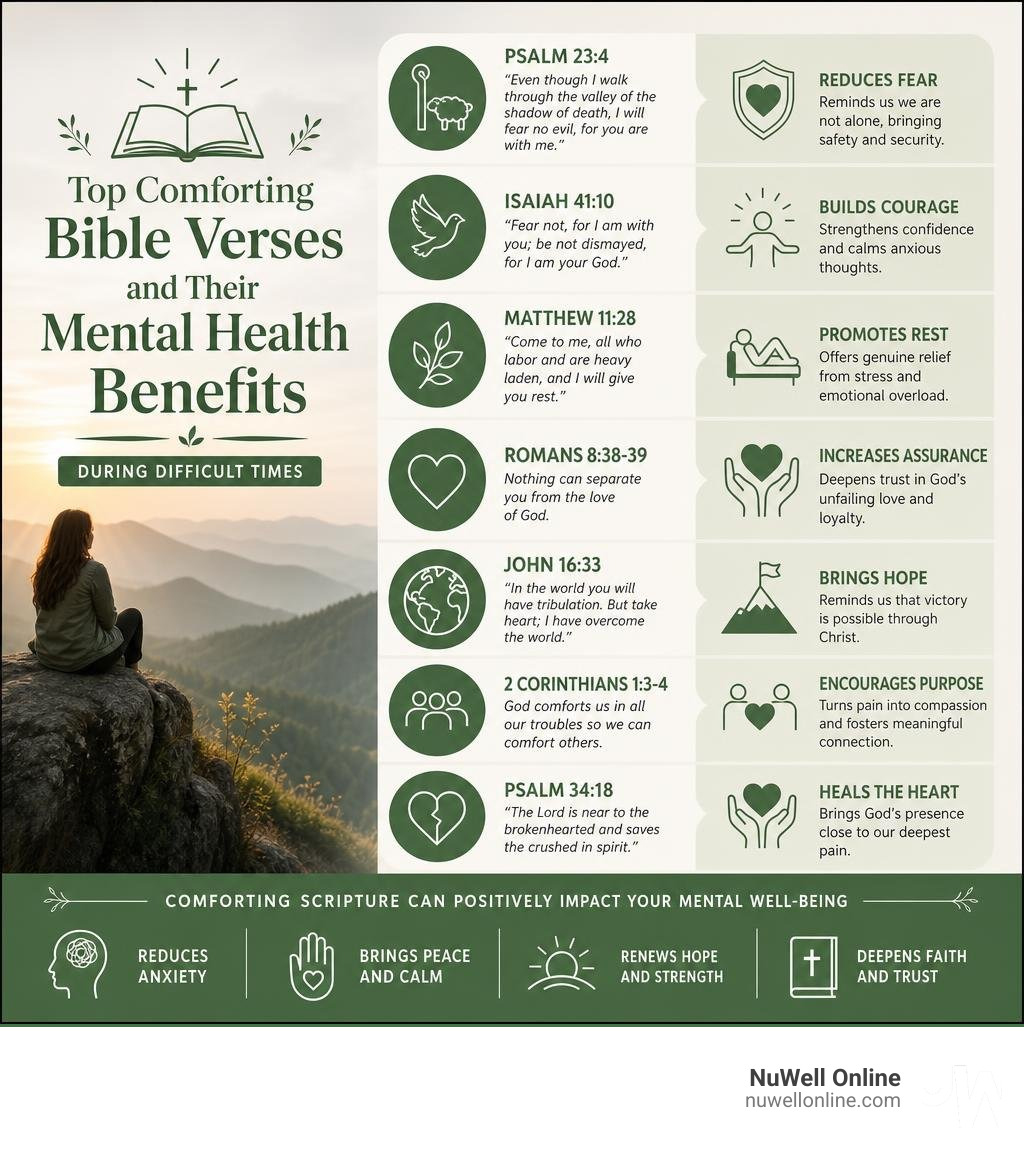 Infographic showing top comforting Bible verses and their mental health benefits during difficult times infographic