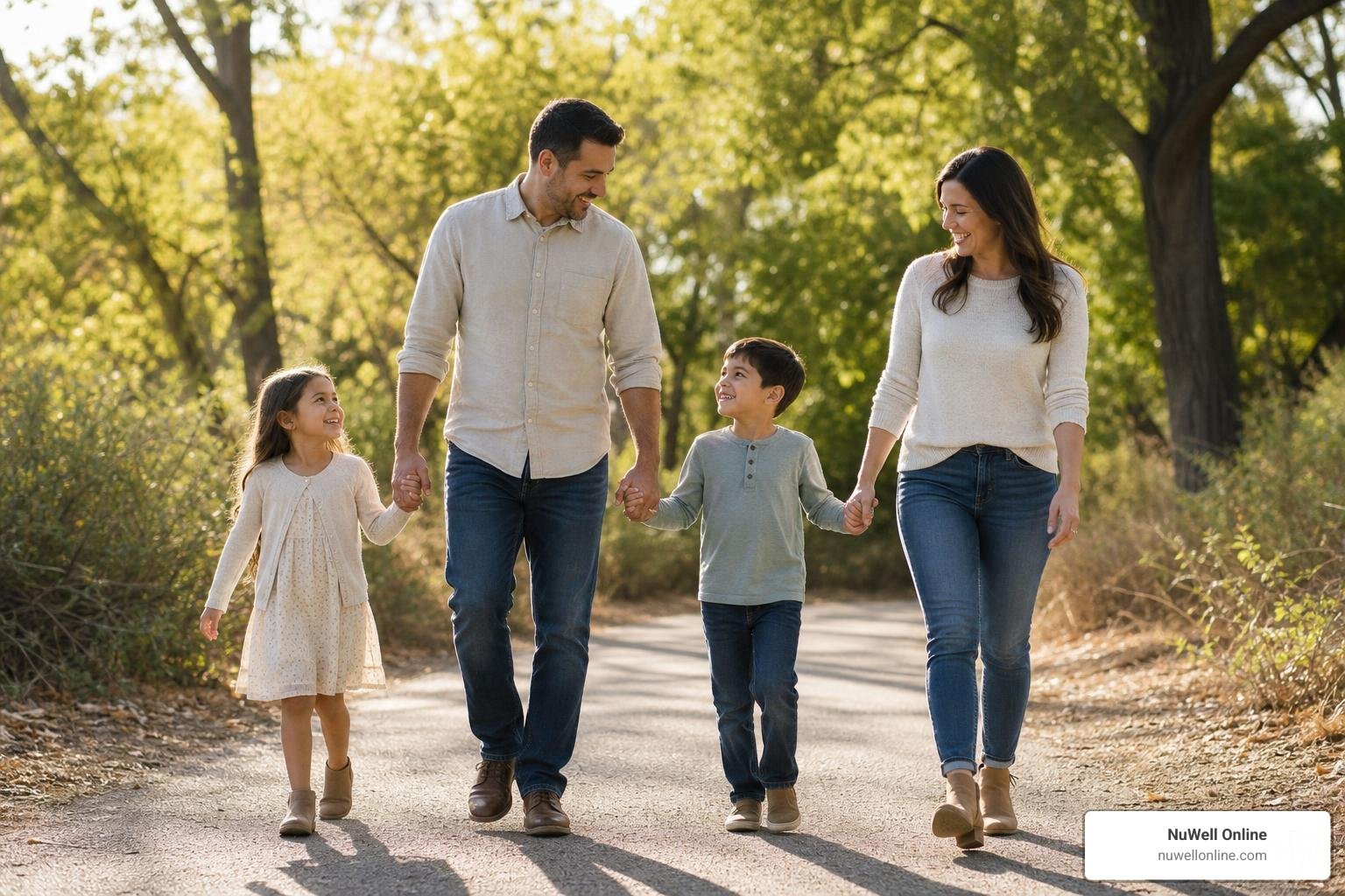 A happy Christian family walking together outdoors, symbolizing restoration and hope