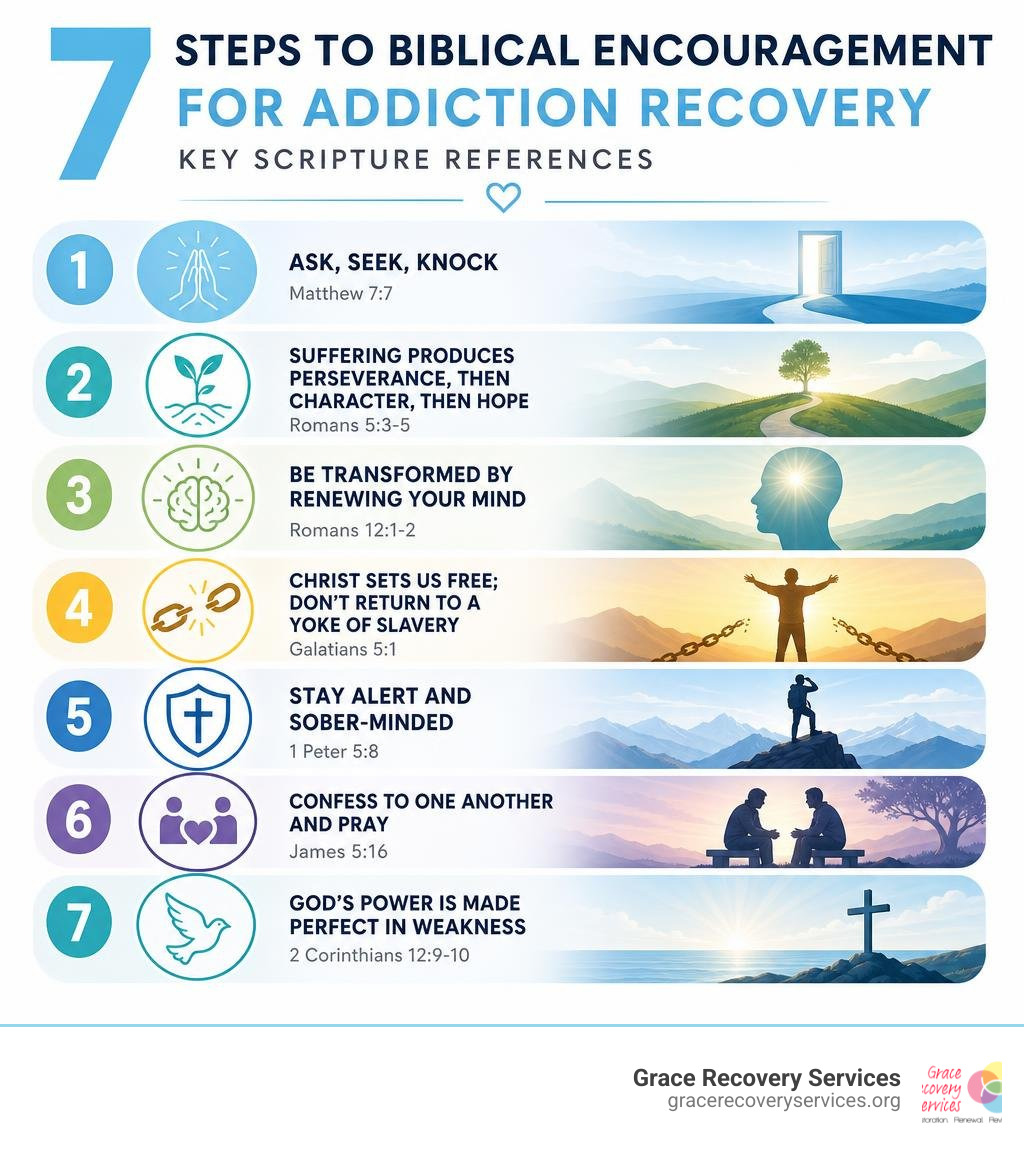 7 steps to biblical encouragement for addiction recovery with key scripture references infographic