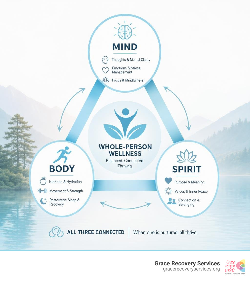 Infographic showing mind body spirit interconnected triangle with key elements of each dimension infographic Infographic showing mind body spirit interconnected triangle with key elements of each dimension infographic