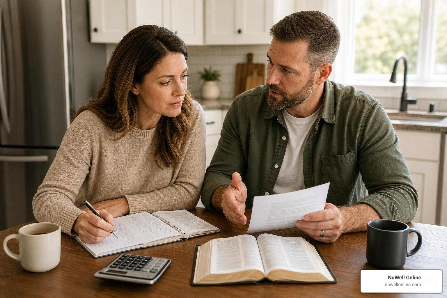 A Christian couple sitting at a table discussing their finances with open Bibles A Christian couple sitting at a table discussing their finances with open Bibles