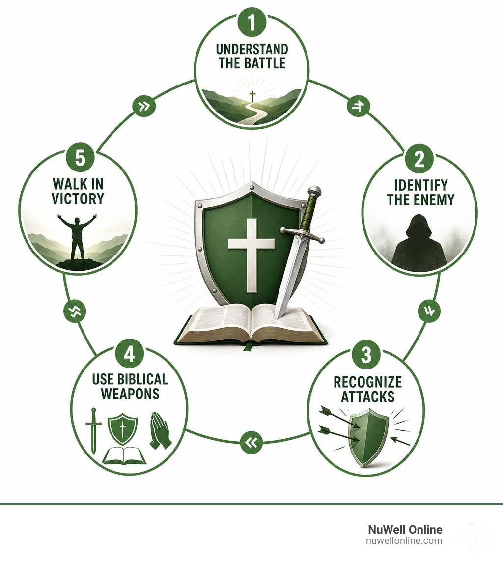 Infographic showing 5 steps of a spiritual warfare guide: understand the battle, identify the enemy, recognize attacks, use