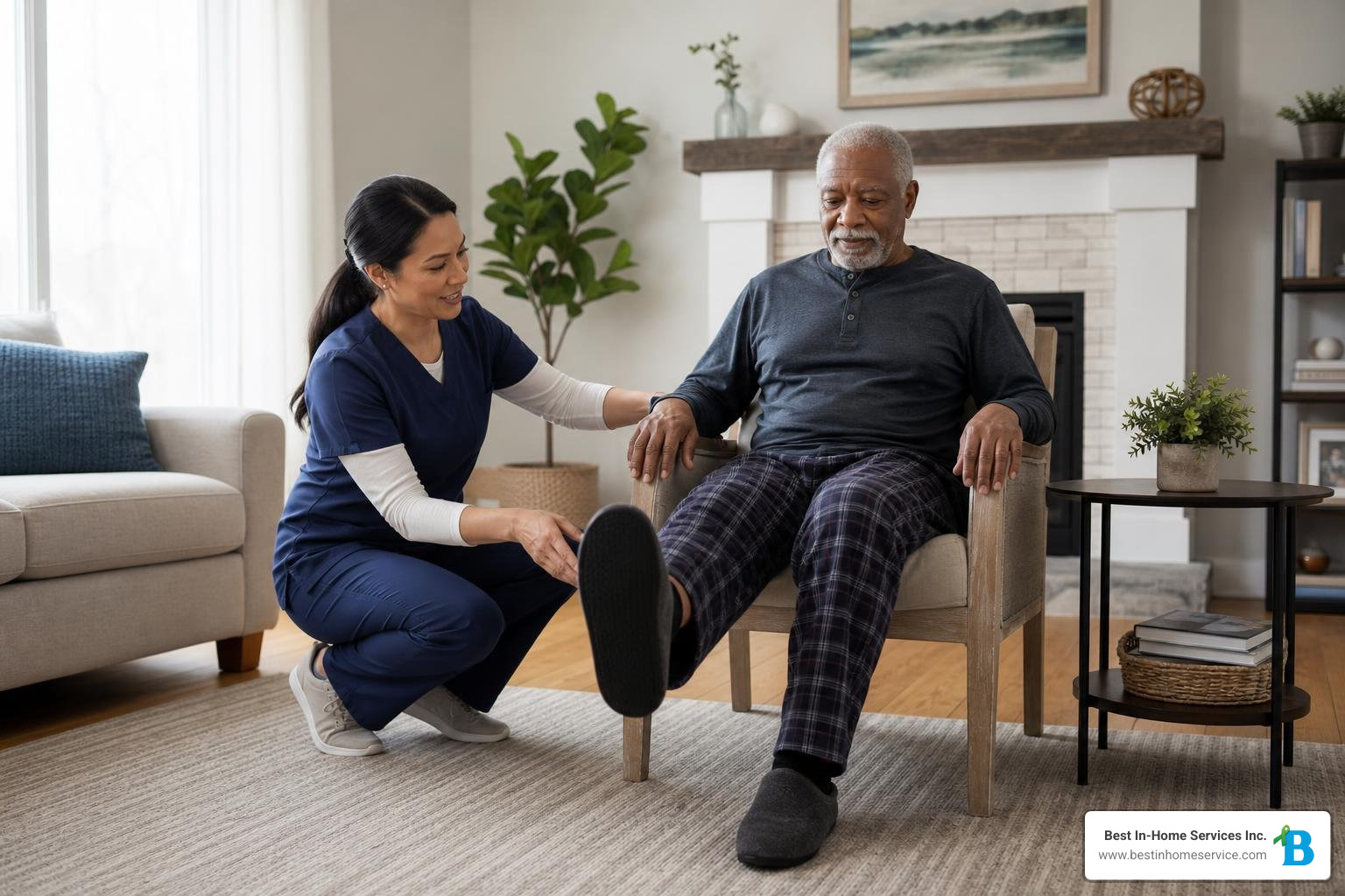 An older adult performing light leg exercises in a chair with a caregiver nearby