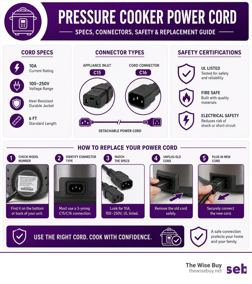 Infographic showing pressure cooker power cord specs, connector types, safety certifications, and replacement steps