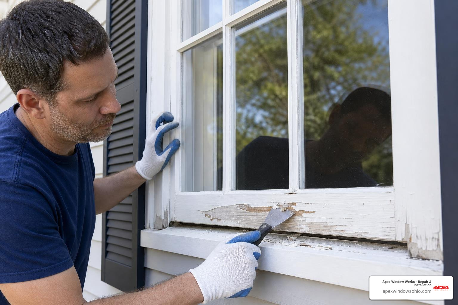 technician performing precise sash window restoration on a white wooden window frame technician performing precise sash window restoration on a white wooden window frame