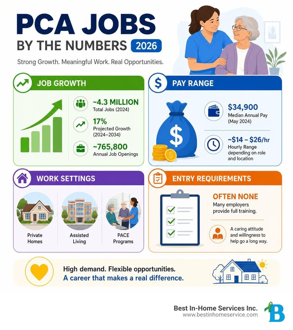 Infographic showing PCA job growth stats, pay range, work settings, and entry requirements for 2026 infographic