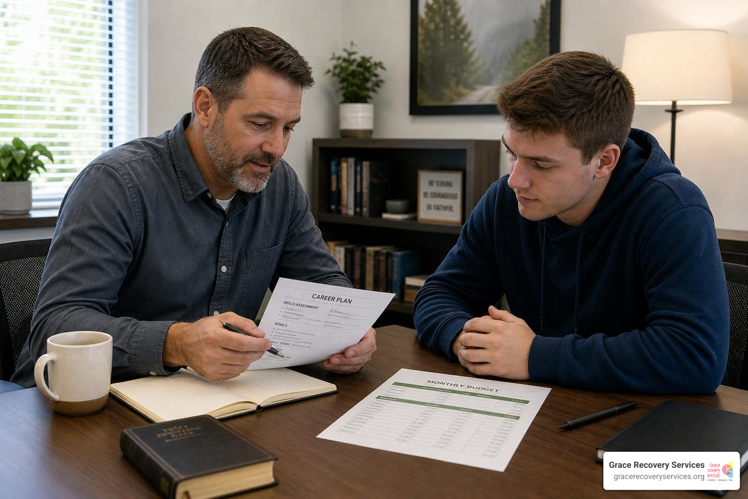 Christian mentor guiding a client in recovery on career planning and budgeting Christian mentor guiding a client in recovery on career planning and budgeting