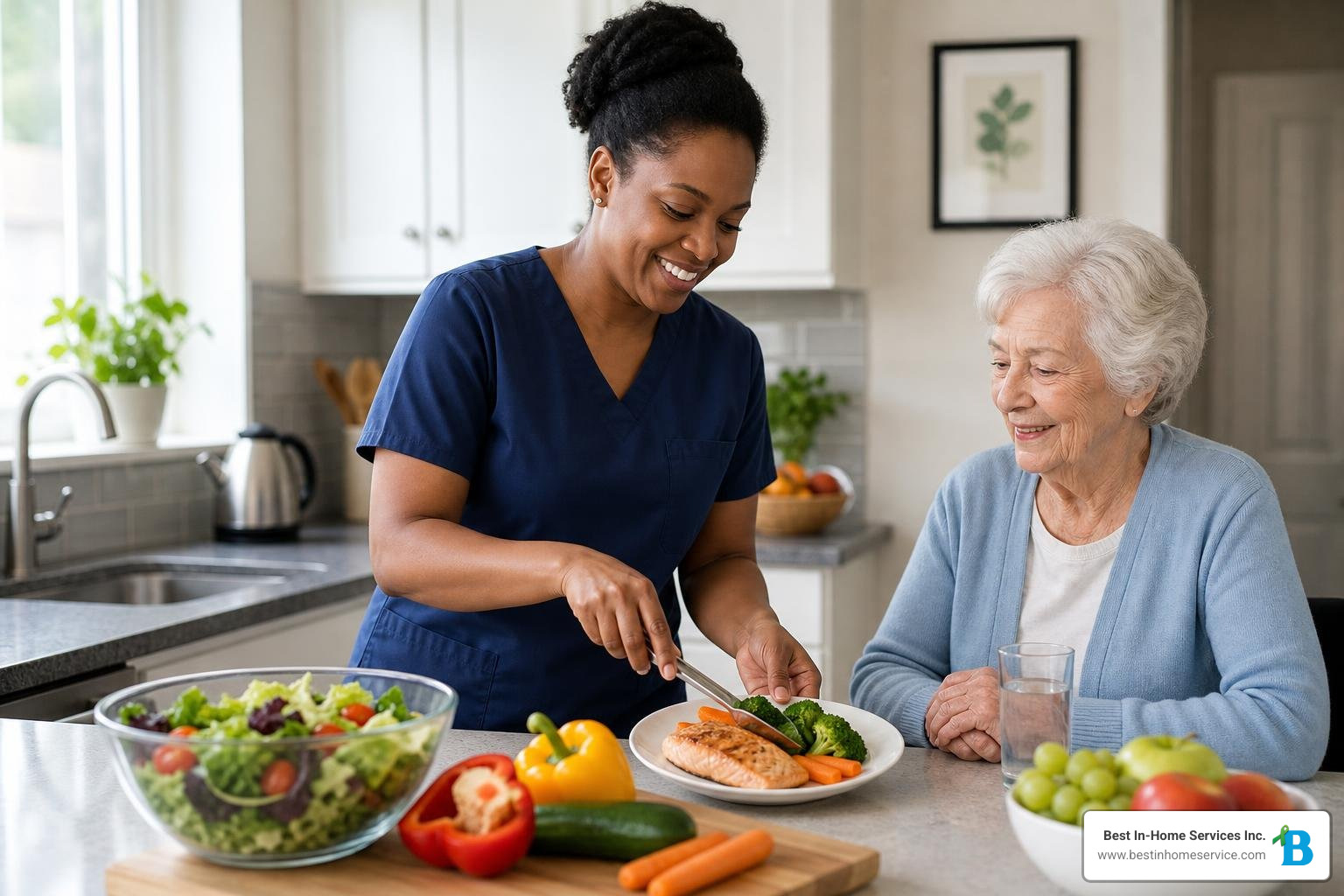 A personal care attendant preparing a healthy meal for an elderly client in a clean kitchen