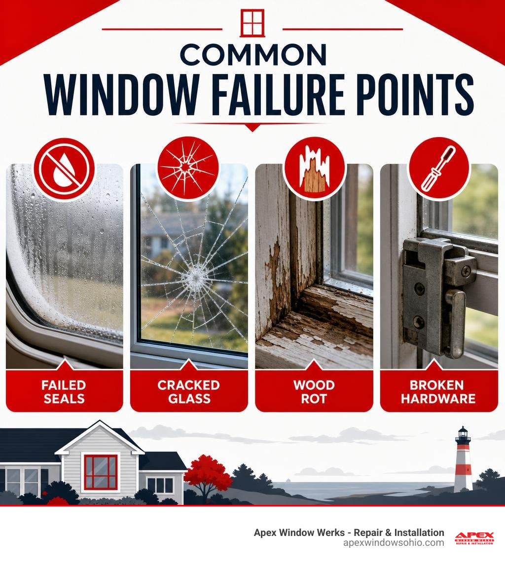 Infographic showing common window failure points: failed seals, cracked glass, wood rot, broken hardware infographic Infographic showing common window failure points: failed seals, cracked glass, wood rot, broken hardware infographic