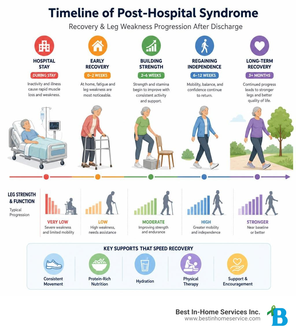 Timeline of post-hospital syndrome recovery and leg weakness progression after discharge infographic