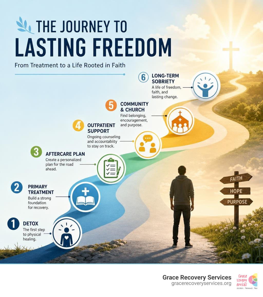 Infographic showing the transition from active addiction treatment to Christian aftercare: detox, primary treatment Infographic showing the transition from active addiction treatment to Christian aftercare: detox, primary treatment