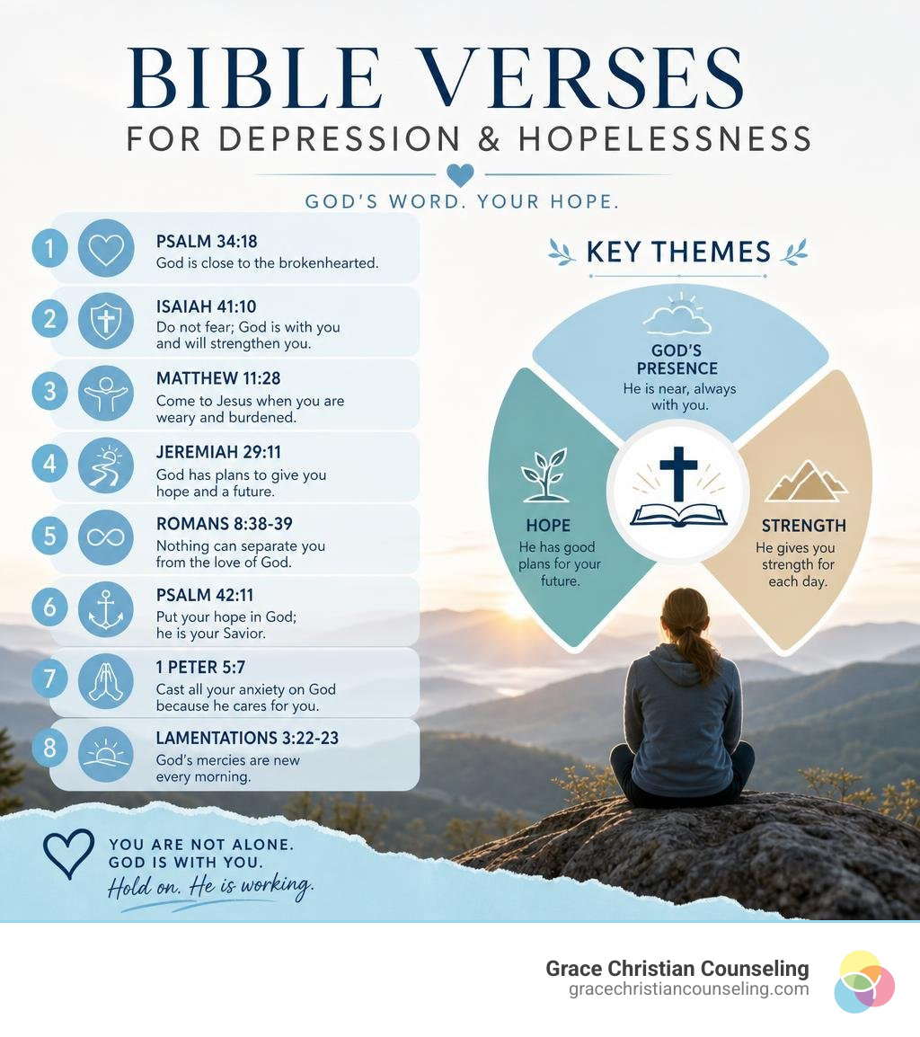Infographic showing top Bible verses for depression and hopelessness with key themes like God's presence, hope, and strength