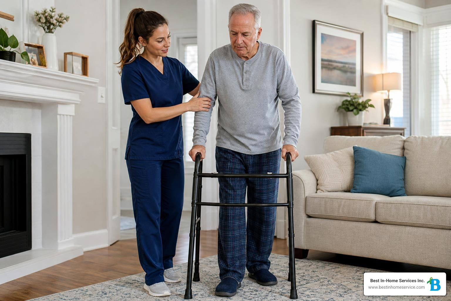 professional caregiver assisting a senior client with daily exercises and mobility routines at home professional caregiver assisting a senior client with daily exercises and mobility routines at home