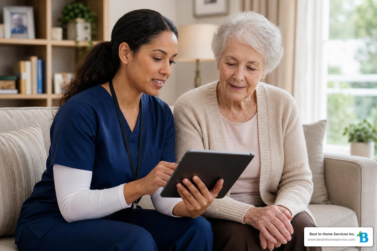 A professional caregiver reviewing a customized care plan on a digital tablet with an elderly client in a comfortable living A professional caregiver reviewing a customized care plan on a digital tablet with an elderly client in a comfortable living