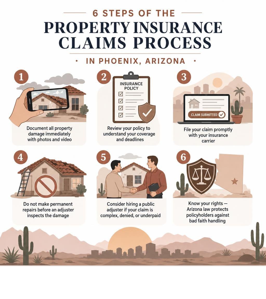 Infographic showing 6 steps of the property insurance claims process in Phoenix Arizona infographic Infographic showing 6 steps of the property insurance claims process in Phoenix Arizona infographic