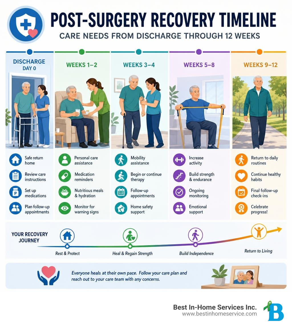 Post-surgery recovery timeline showing care needs from discharge through 12 weeks infographic