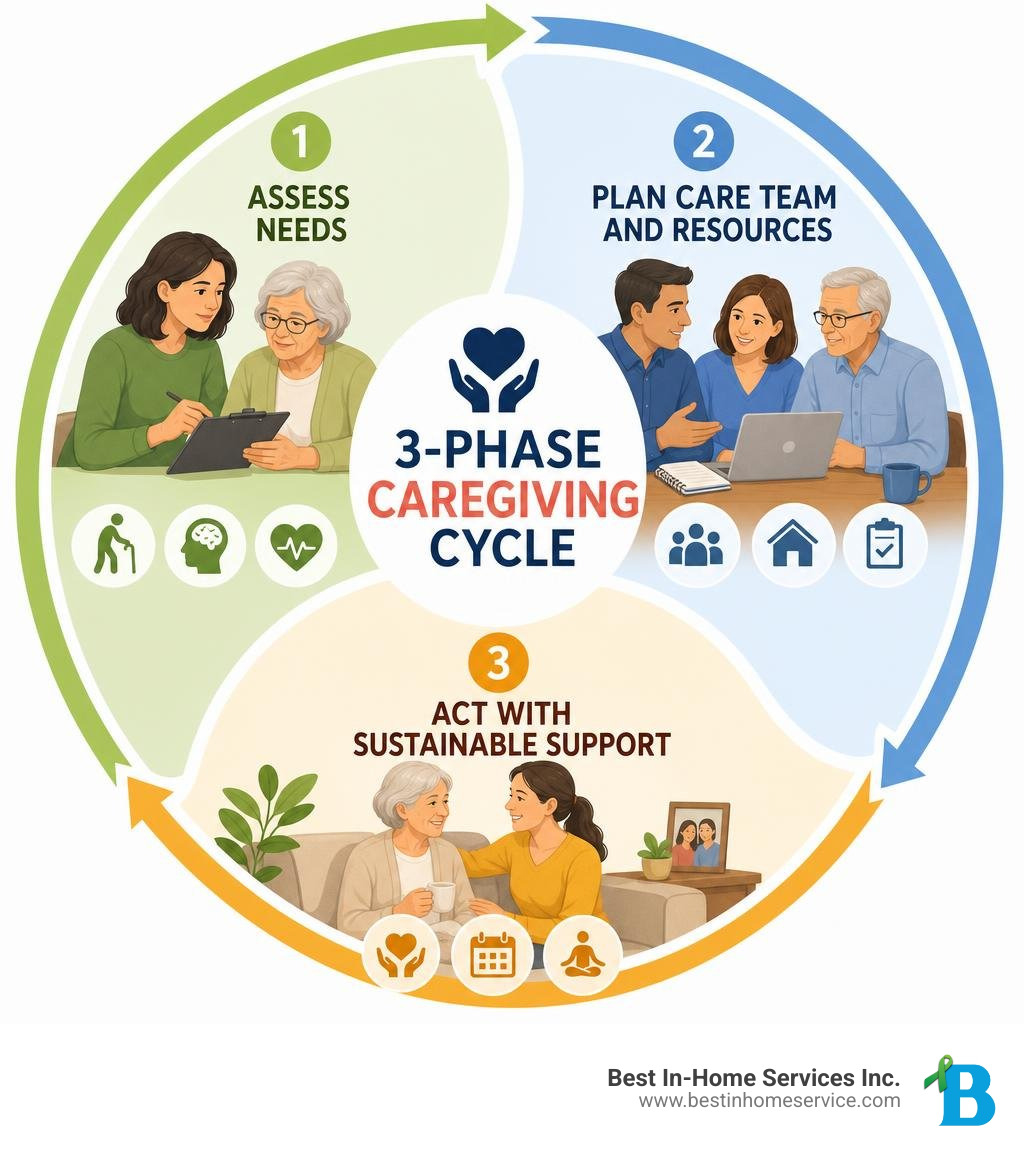 3-phase caregiving cycle: Assess needs, Plan care team and resources, Act with sustainable support infographic 3-phase caregiving cycle: Assess needs, Plan care team and resources, Act with sustainable support infographic