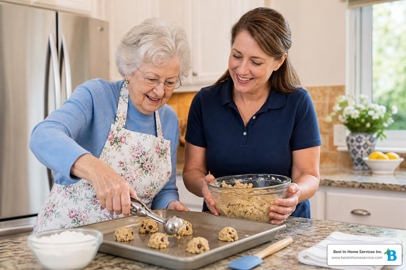 companion caregiver helping an elderly woman bake in the kitchen