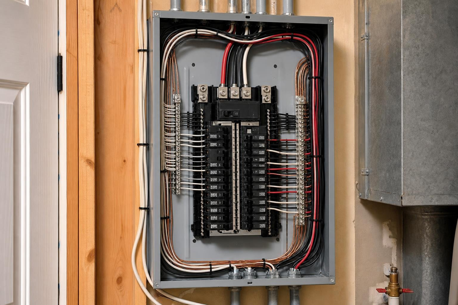 newly installed modern 200-amp circuit breaker panel in a US home newly installed modern 200-amp circuit breaker panel in a US home