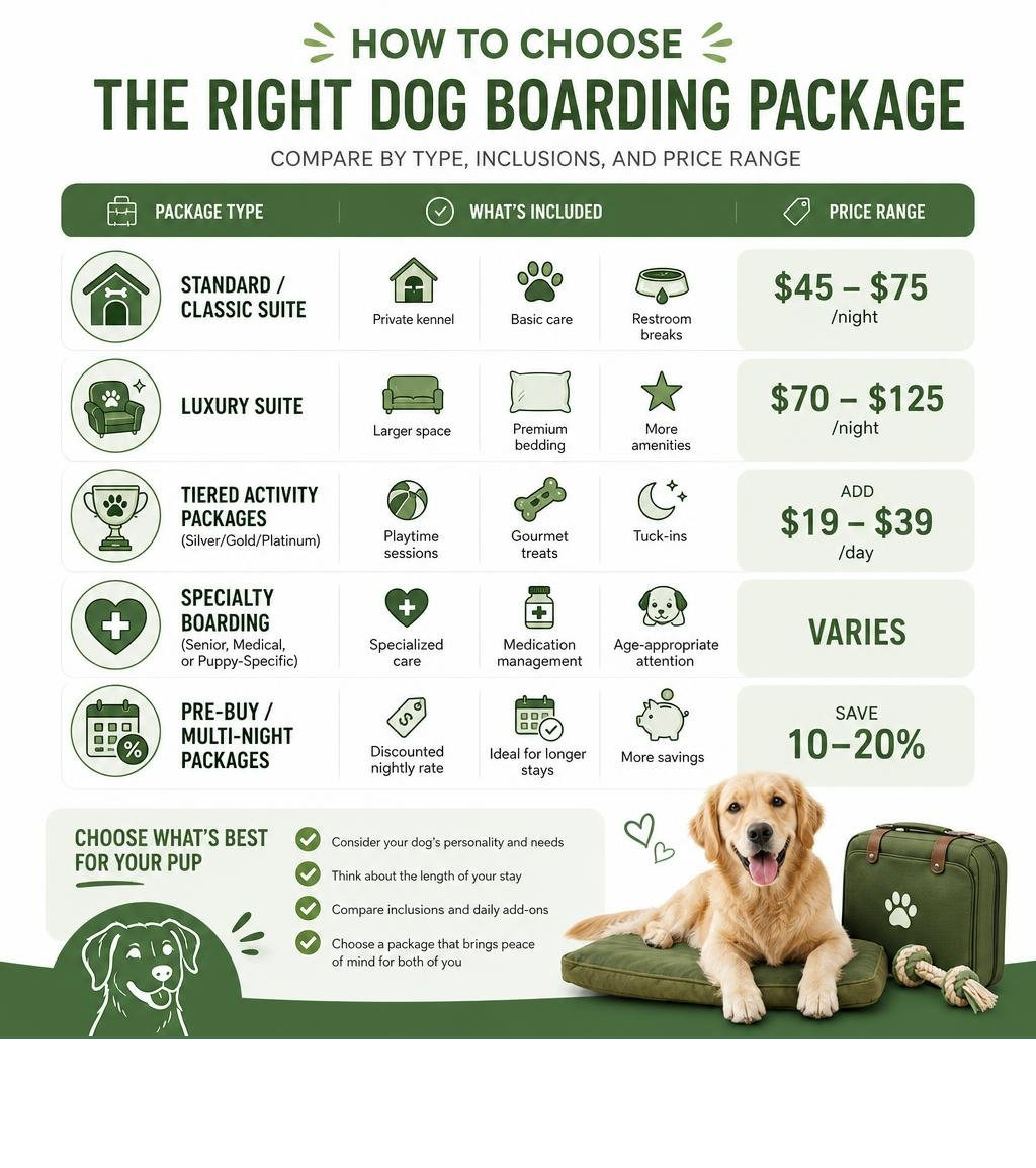 Infographic showing how to choose the right dog boarding package by type, inclusions, and price range infographic Infographic showing how to choose the right dog boarding package by type, inclusions, and price range infographic