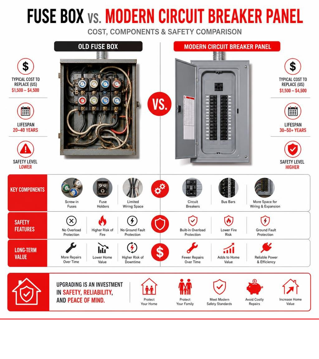 Infographic comparing fuse box vs modern circuit breaker panel costs, components, and safety features infographic Infographic comparing fuse box vs modern circuit breaker panel costs, components, and safety features infographic