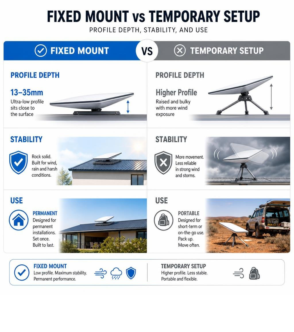 Infographic comparing fixed Starlink mount vs temporary setup: profile depth, stability, and permanent vs portable use