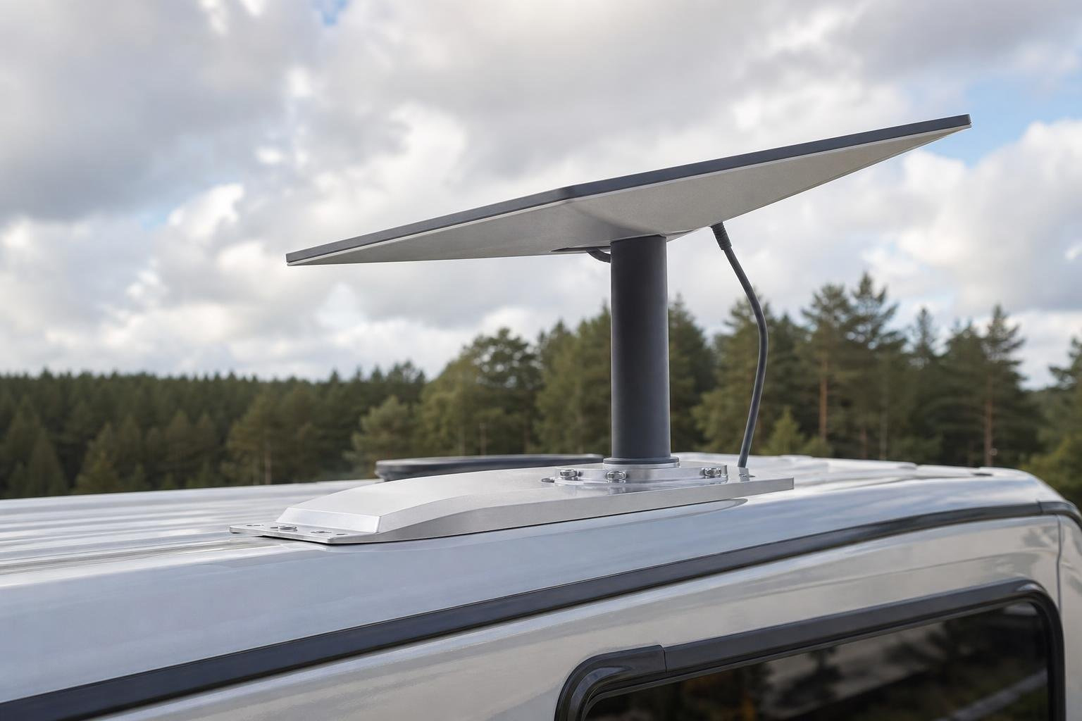 Ultra-slim fixed Starlink mount made of precision-machined aluminium mounted on caravan roof