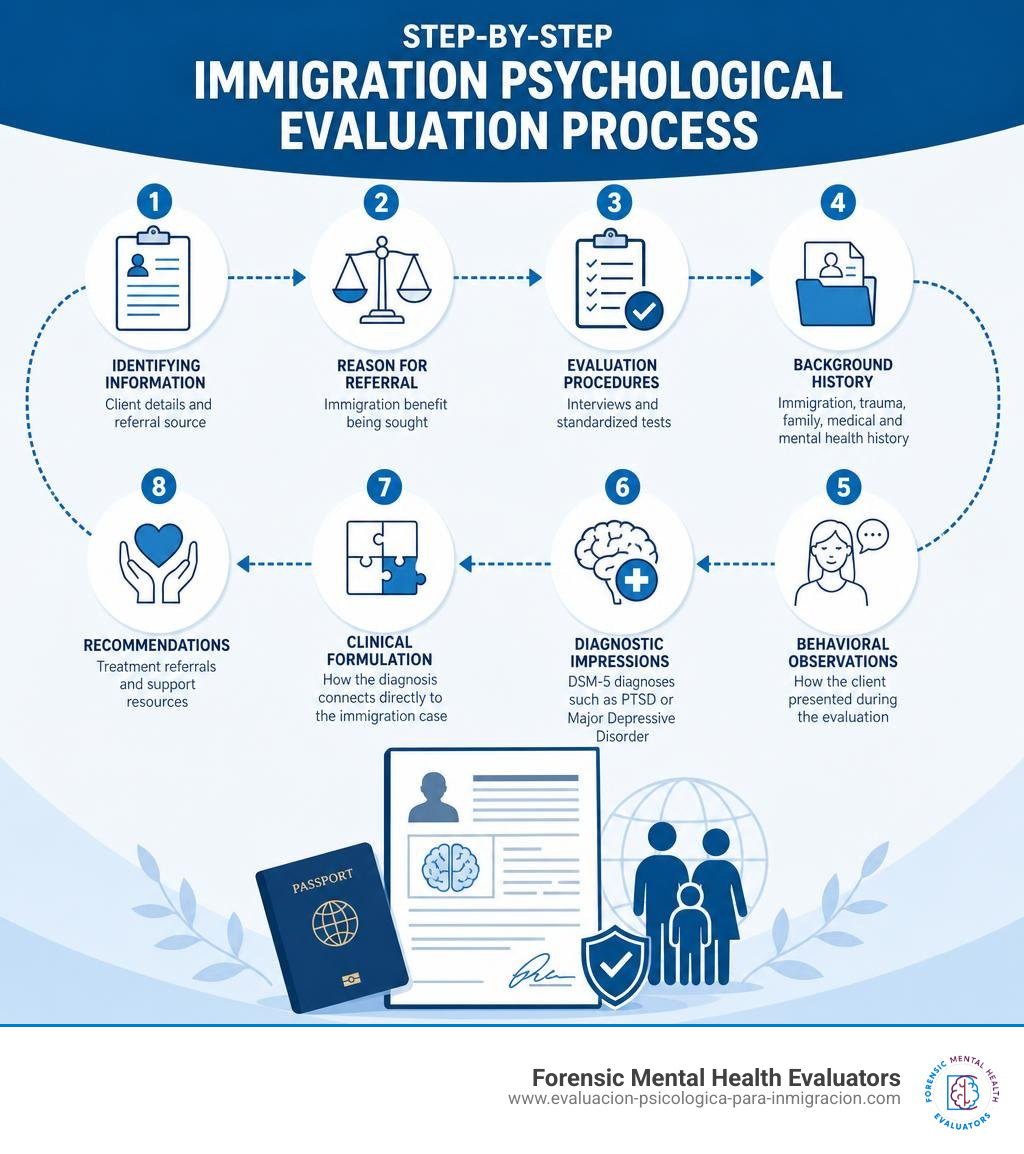 Step-by-step immigration psychological evaluation process infographic infographic