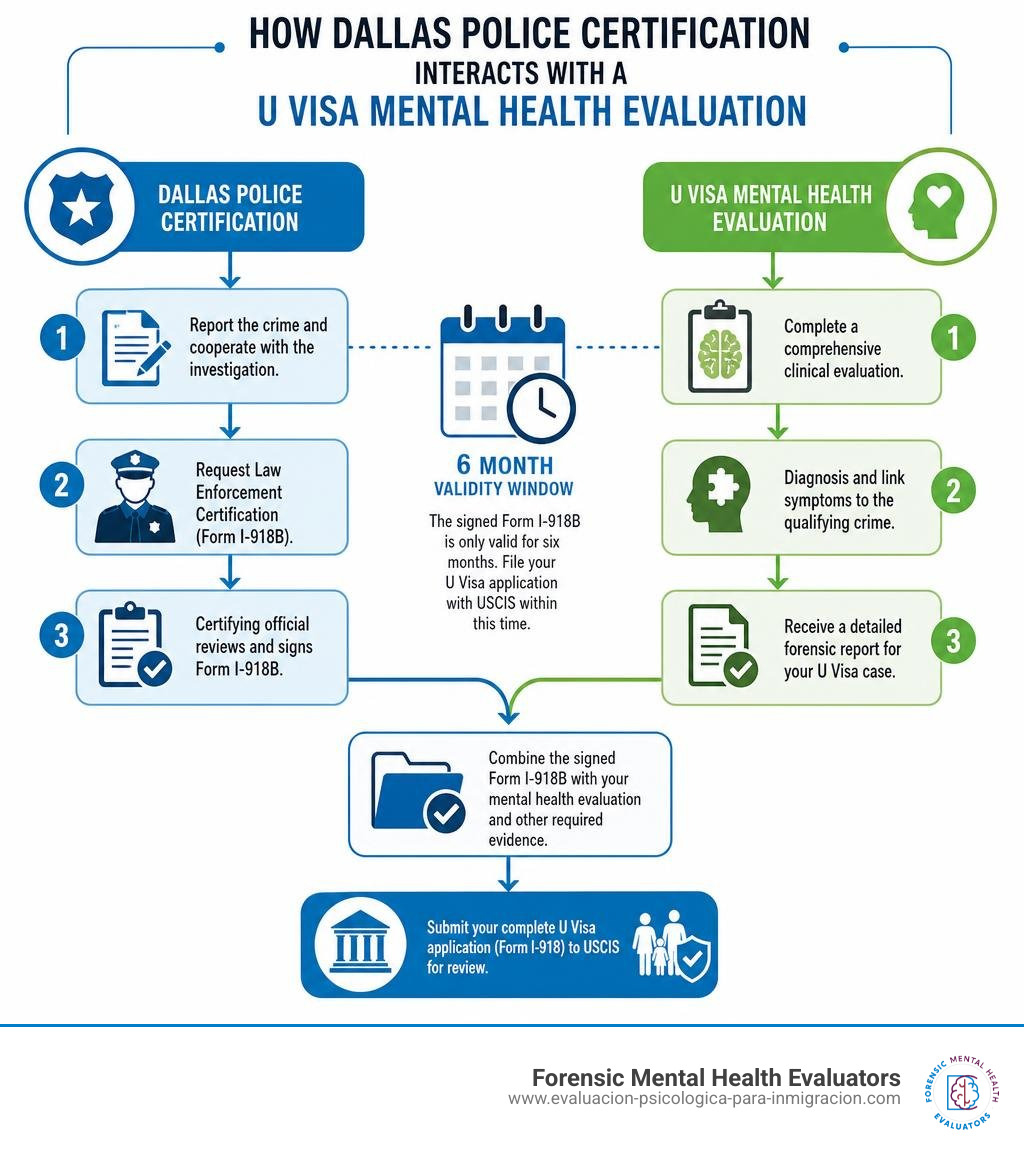 Flowchart showing how Dallas police certification interacts with a U Visa mental health evaluation infographic Flowchart showing how Dallas police certification interacts with a U Visa mental health evaluation infographic
