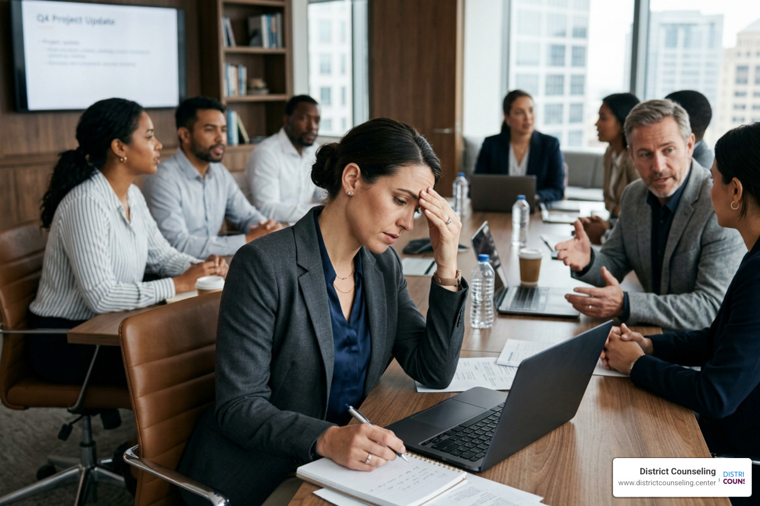 woman masking her stress in a corporate meeting, executive dysfunction