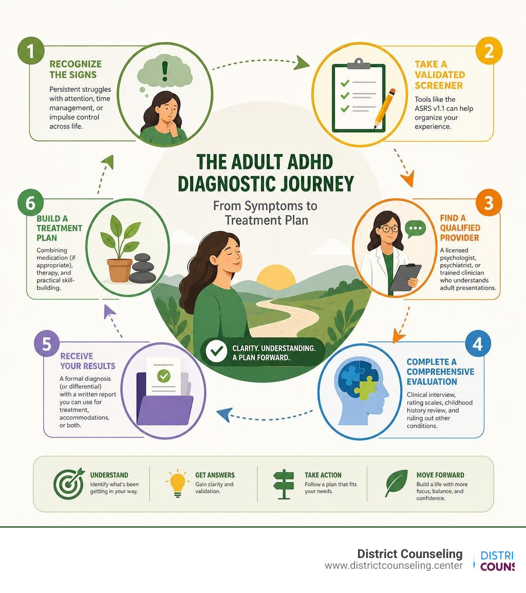 Infographic showing the adult ADHD diagnostic journey from symptoms to treatment plan infographic
