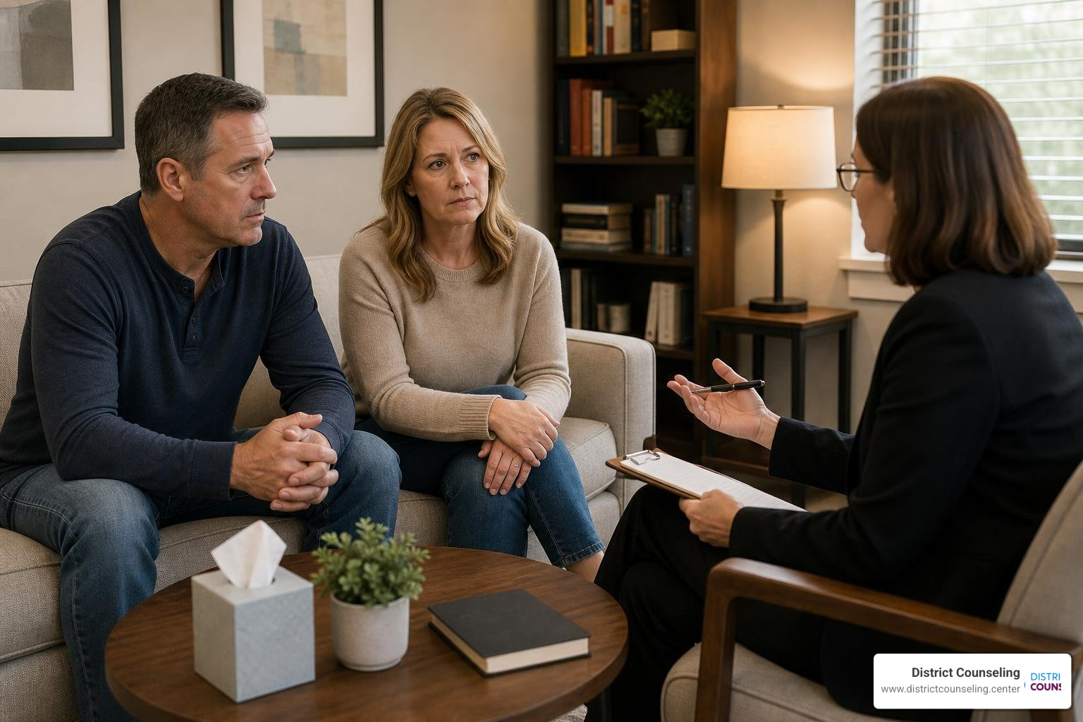 Couple in a tense but structured discussion guided by a professional counselor