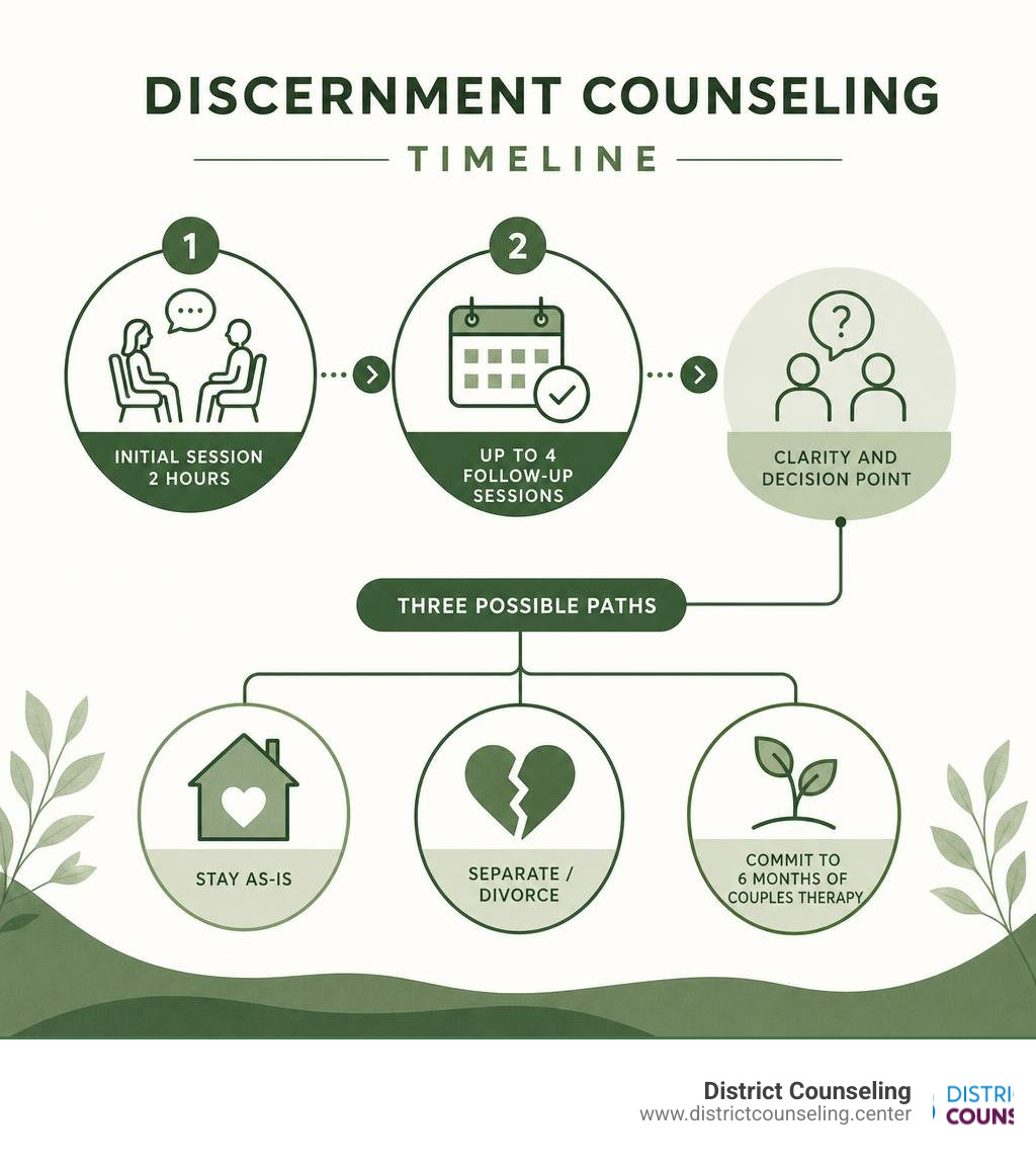 Infographic showing discernment counseling timeline: 1 initial 2-hour session, up to 4 follow-up sessions, three possible
