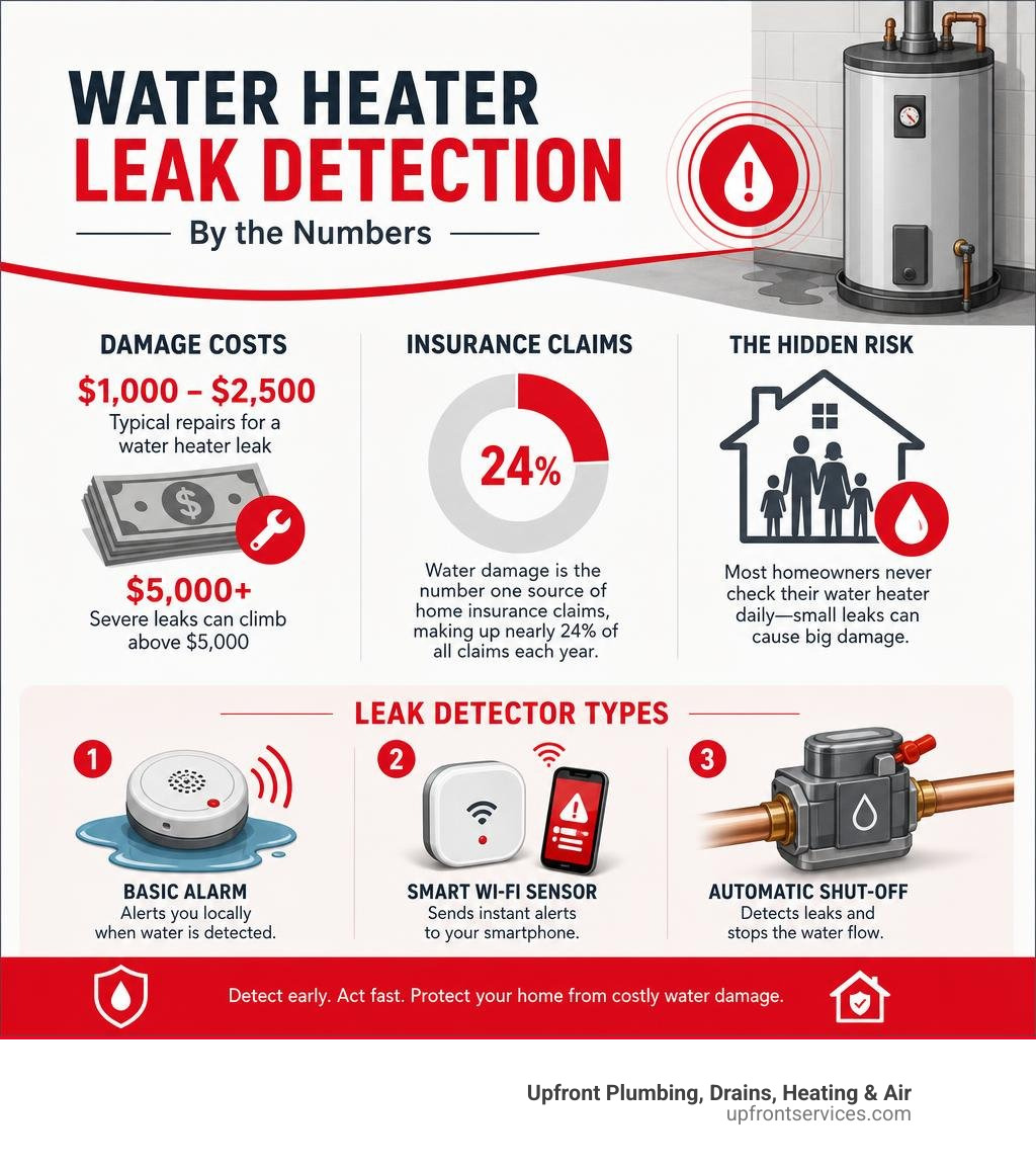 water heater leak detection statistics infographic showing damage costs, claim percentages, and detector types infographic water heater leak detection statistics infographic showing damage costs, claim percentages, and detector types infographic