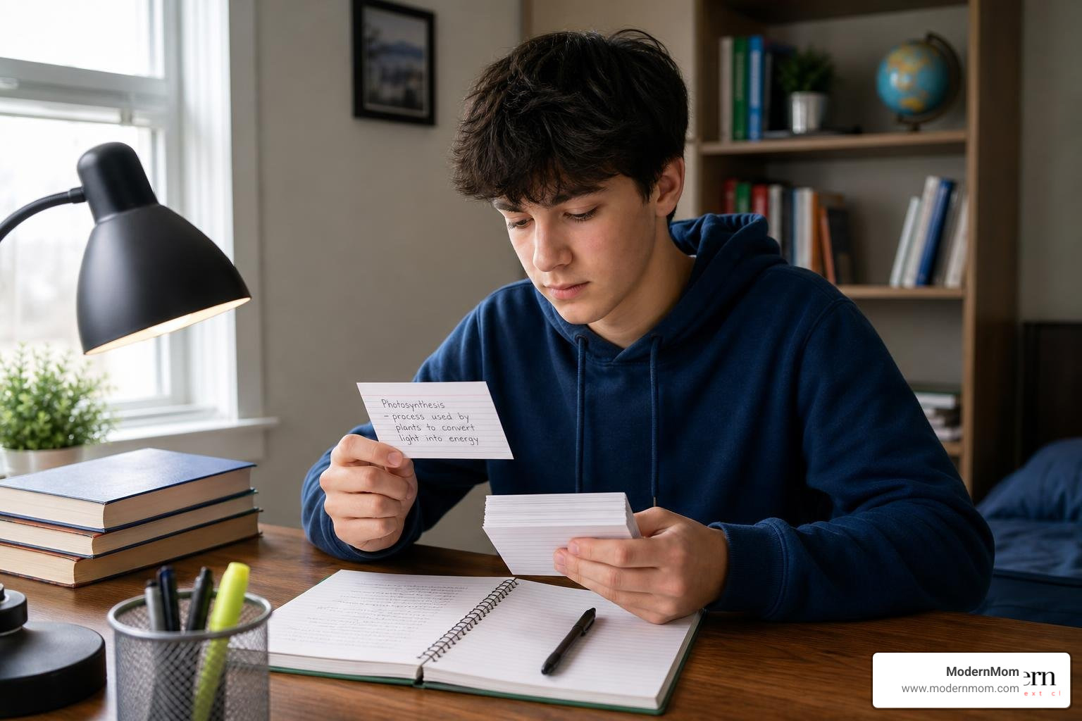 Student using flashcards at a wooden desk Student using flashcards at a wooden desk